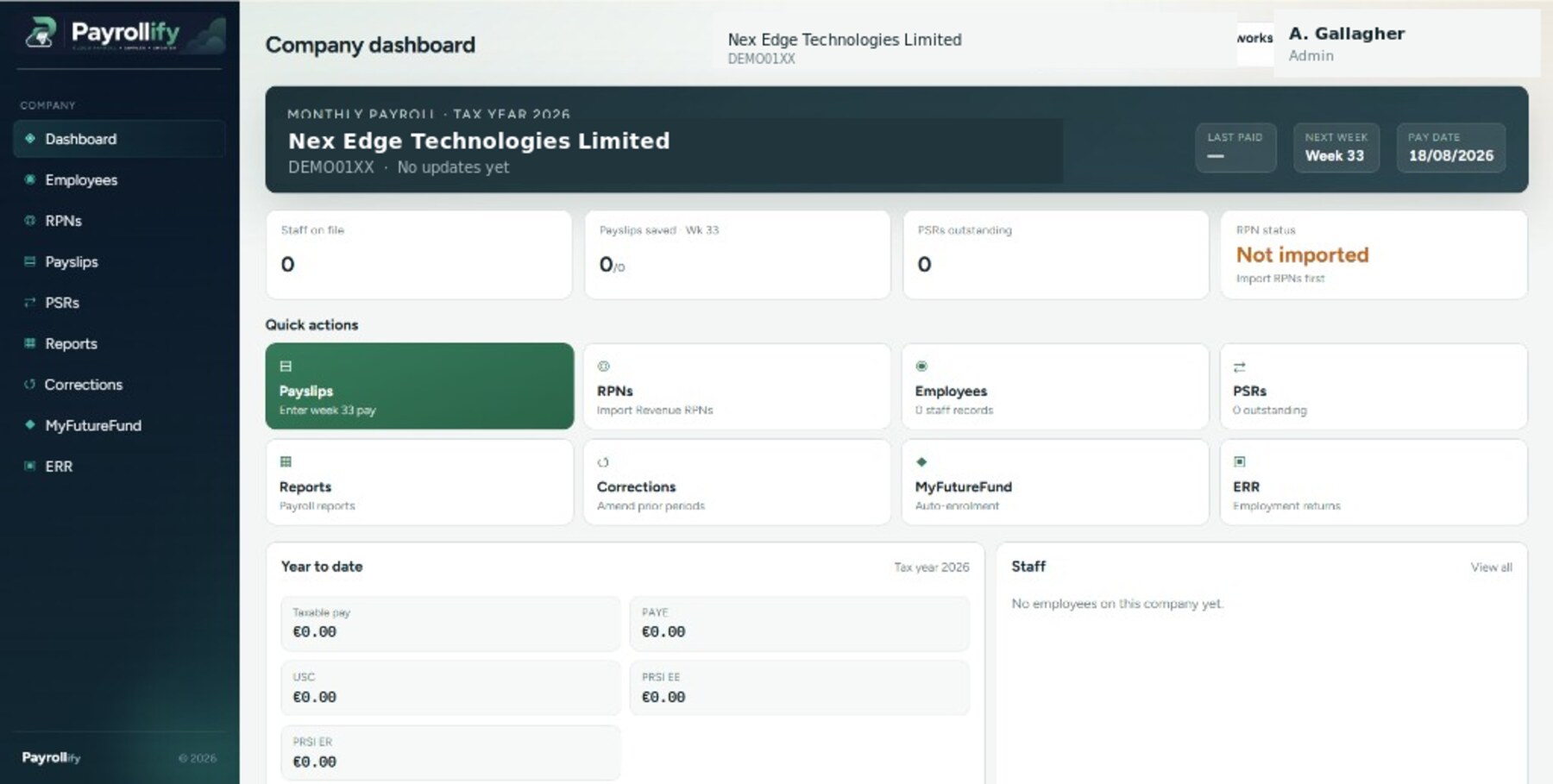 Payrollify dashboard — Nex Edge Technologies Limited demo data
